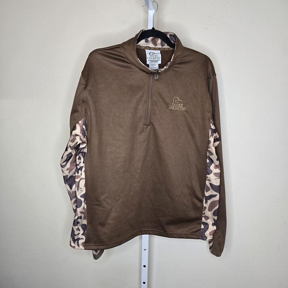 Ducks Unlimited Men's L 1/4 Zip Brown & Camo Long Sleeve Pullover Hunting Hiking